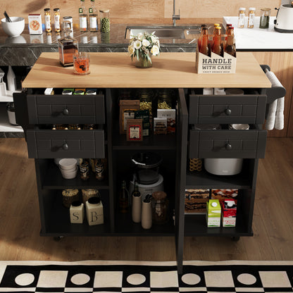 Moderne Kücheninsel (127×46×91,5cm) Küchenschrank Essschrank mit Holzmaserung Esswagen mit multifunktionalem Stauraum und herausnehmbaren Trennwänden, schwarz