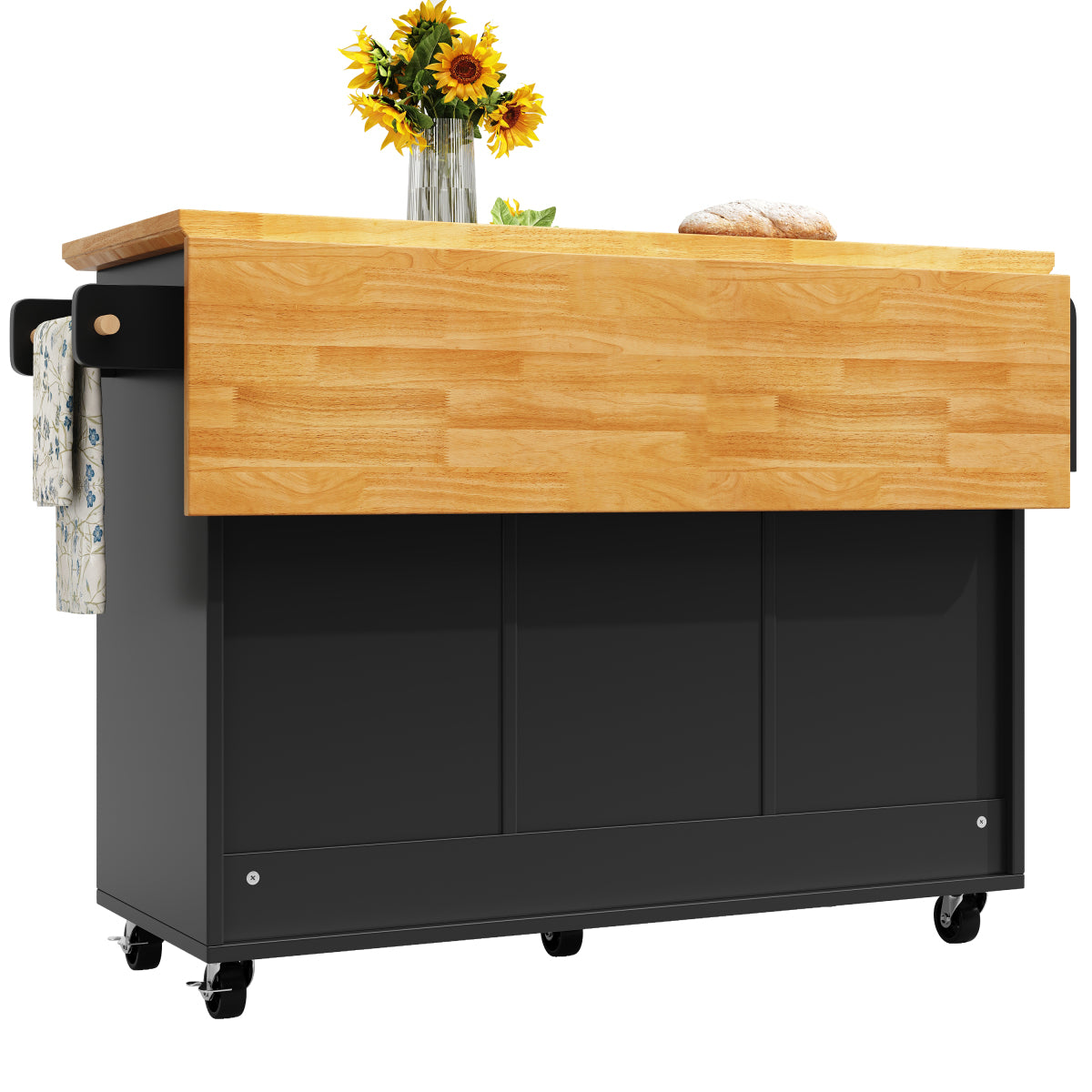 Kücheninsel mit Rollen & klappbarer Arbeitsplatte, Küchenwagen mit 5 Schubladen, Handtuchhalter & Gewürzregal, Sideboard 120cm, Weiß/Schwarz