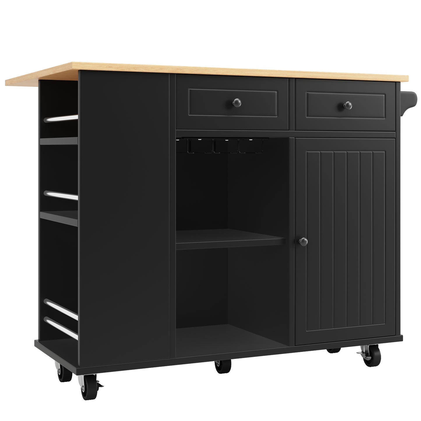 Kücheninsel mit Arbeitsplatte Küchenschrank Schwarz Esszimmerwagen mit Snackhalter und Weinglasregal Buffetschrank Trennwände Holzmaserung