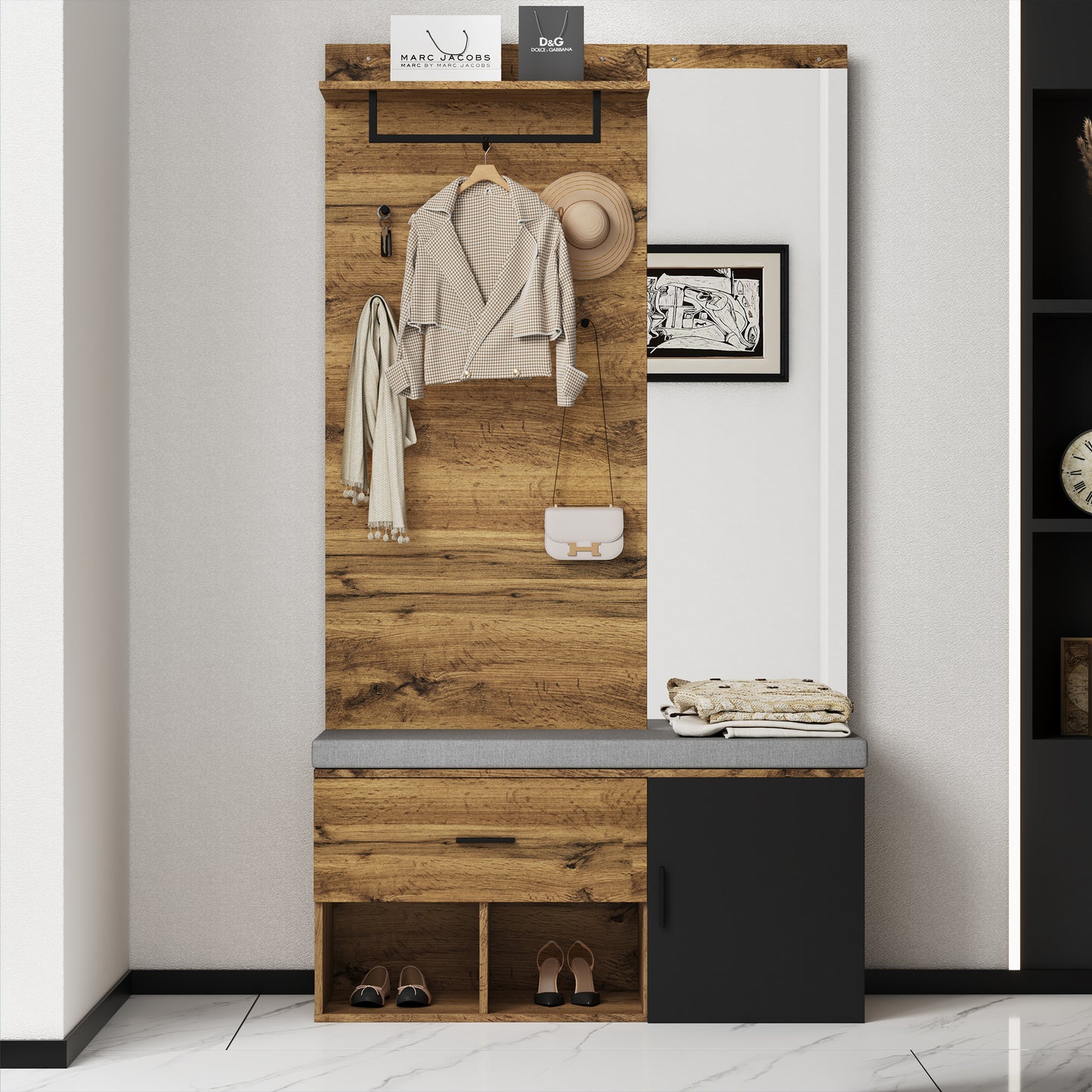 Garderoben Set in Holzoptik mit Spiegel, Schuhbank (104 x 39 cm) mit Polster, Schuhschrank, Schublade, Regal, Kleiderhaken – Praktisches Design für den Eingangsbereich