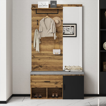 Garderoben Set in Holzoptik mit Spiegel, Schuhbank (104 x 39 cm) mit Polster, Schuhschrank, Schublade, Regal, Kleiderhaken – Praktisches Design für den Eingangsbereich