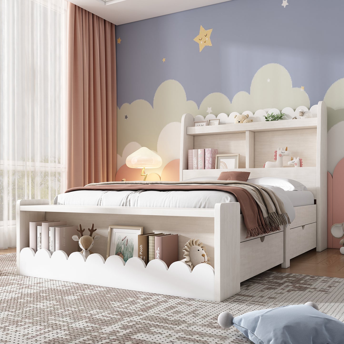 Kinderbett Einzelbett Stauraumbett mit Schubladen, Regal und Sitzbank mit Stauraum, Holzbett 90x190 cm, Weiß mit Eichefarben (Ohne Matratze)