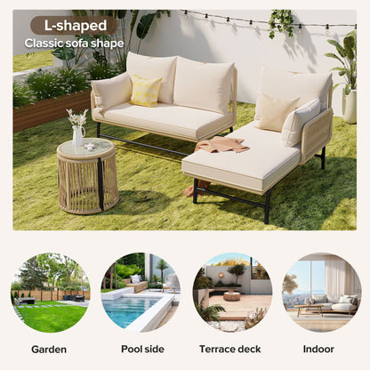 Gartenlounge-Set, Gartenmöbel-Set, Mit Eisenrahmen und beigem Seil, Gartenmöbel aus gewebtem Seil für den Außenbereich, Beige, Zwei Sessel, zwei 2-Sitzer-Sofas und zwei Tische (alle Kissen inklusive)