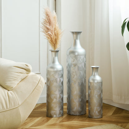 3er Set Bodenvase Silber, Metall, Wellenmuster, Hohe Übertöpfe 83/66/50 cm
