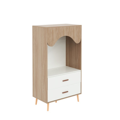 Kinderkleiderschrank, Kleiderschrank mit Kleiderstange, mit Schubladen, Vollholz Griffen, aus Spanplatte, weiß+natürliches Holz