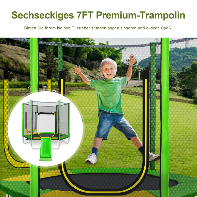 Kinder Trampolin Outdoor Ø 213 cm Gartentrampolin mit Rutsche, Leiter, Netz, Doppeltür und Gepolsterten Stangen,TÜV Zertifiziert,bis 100 kg
