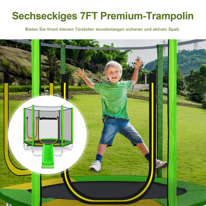 Kinder Trampolin Outdoor Ø 213 cm Gartentrampolin mit Rutsche, Leiter, Netz, Doppeltür und Gepolsterten Stangen,TÜV Zertifiziert,bis 100 kg