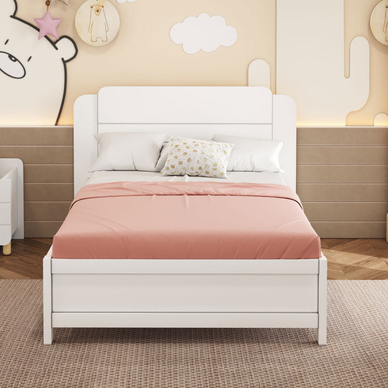 Holzbett 90*200 cm , Einzigartige und Minimalistische Form, Kopfteil mit Liniendesign, Kindereinzelbett, Weiß
