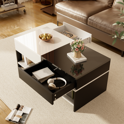 Moderner Couchtisch mit 2 Schubladen – Schwarz-Weiß-Design, Stauraum, Hochglanz-Tischplatte, 100 cm lang