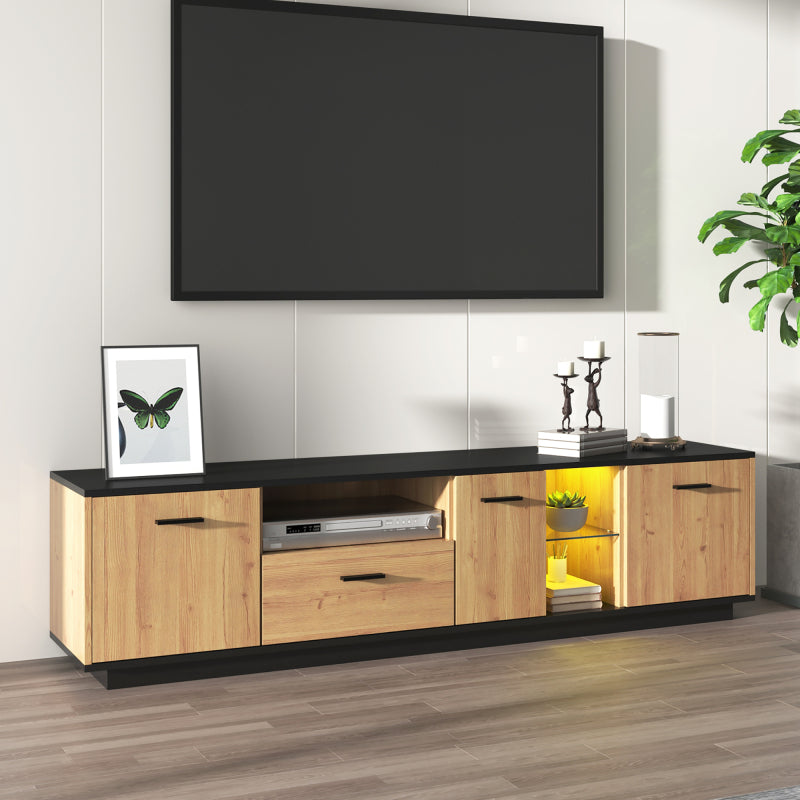 TV-Schrank mit einer Schublade, drei Türen, zwei offene Fächer mit Glas TV-Möbel, TV-Board, TV-Lowboard Feinstruktur. Schwarze und natürliche Holzfarben. 15 variable LED-Leuchten.