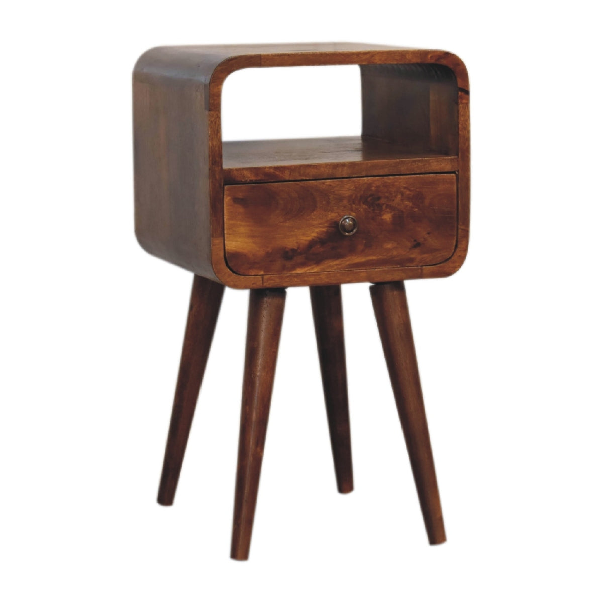Mini Nachttisch aus Massivholz – Kastanienbraun, Curved Design, 1 Schublade & offenes Fach, Handgefertigt, Nordic-Stil, 30x30x55 cm