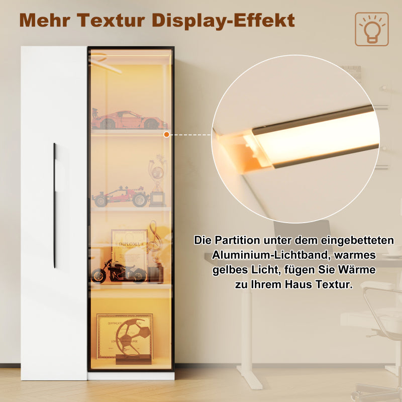 Multifunktionsschrank 160 cm hoch – Bücherregal und Vitrine mit Türen aus gehärtetem Glas, Türrahmen aus Aluminium, 1 Tür, 1 seitliche Schublade, mit Rollen und LED-Beleuchtung – Vitrine, Esszimmersch