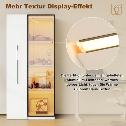 Multifunktionsschrank 160 cm hoch – Bücherregal und Vitrine mit Türen aus gehärtetem Glas, Türrahmen aus Aluminium, 1 Tür, 1 seitliche Schublade, mit Rollen und LED-Beleuchtung – Vitrine, Esszimmersch