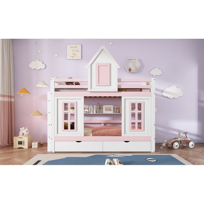 Etagenbett, Prinzessinnenbett, Kinderbett, Kinderbett mit Dach und Fenster, mit Fallschutzgitter, stabiles Geländer, Zwei Schubladen mit Rollen, Offenes Regal, Reichlich Stauraum, Kiefer+MDF,Weiß+Rose