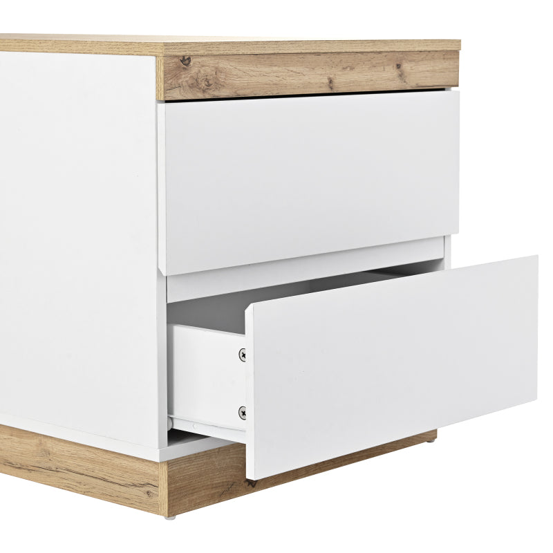 Nachttisch, Nachtschrank mit zwei Schubladen, Nachtkommode, Funktion von Aufbewahrung, für Schlafzimmer, E1-Spanplatte, weiß+oak
