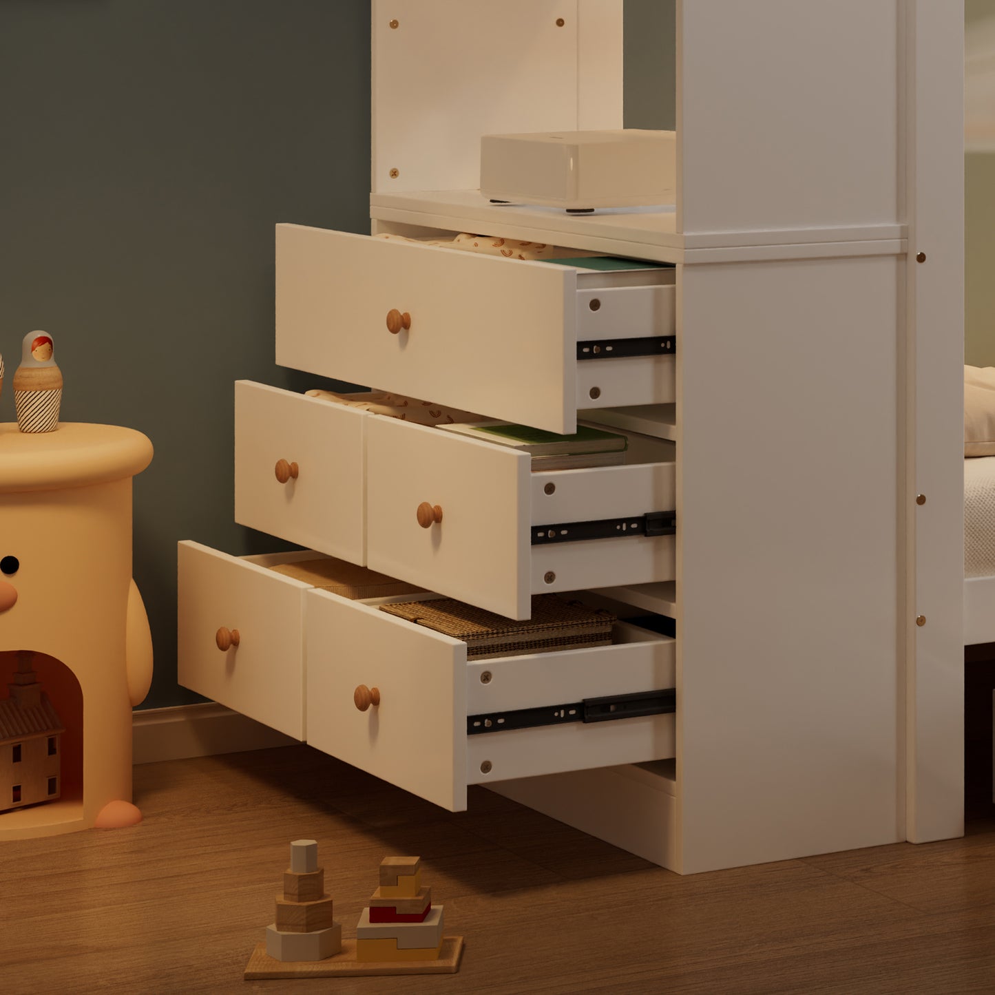 Einzelbett, Kinderbett mit Fallschutz und Gitter,  Holzbett mit Stauraum, Weiß+Natur,  90x200cm