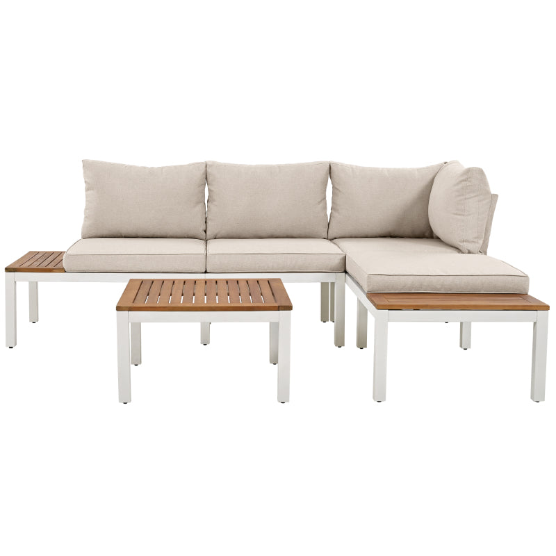 Garten-Loungesessel-Set, Gestell aus verzinktem Stahl, (2x Zweisitzer, 2x Beistelltische, 1x Tisch), Akazienholzplatte, Stoffbezug zur Bespannung der Rückenlehne, beige(previous sku:HW00005AAW)