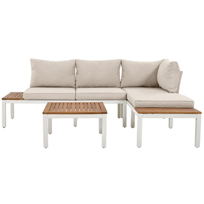 Garten-Loungesessel-Set, Gestell aus verzinktem Stahl, (2x Zweisitzer, 2x Beistelltische, 1x Tisch), Akazienholzplatte, Stoffbezug zur Bespannung der Rückenlehne, beige(previous sku:HW00005AAW)
