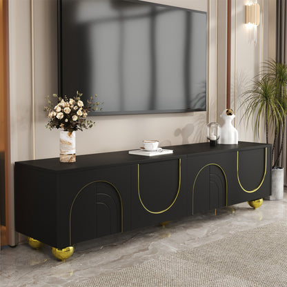 TV-Schrank, lowboard mit strukturierten Türen, goldenen Verzierungen, goldenen runden Beinen, inklusive Einlegeböden, push-to-open