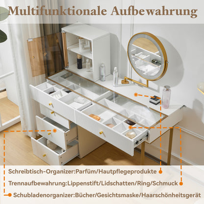 Schminktisch-Set mit LED-beleuchtetem Spiegel, transparenter Tischplatte aus gehärtetem Glas, Schminktisch-Seite und Schrank, elegante Möbel, weiß, Maße: 120 x 45 x 115 cm(ohne Hocker)