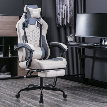 Gaming Stuhl, Ergonomischer Gaming-Stuhl mit Fußstütze, Racing Gaming Chair Kopfstütze Verstellbarer Computerstuhl Höhenverstellbar Lendenwirbelstütze für Homeoffice und Gaming Beige