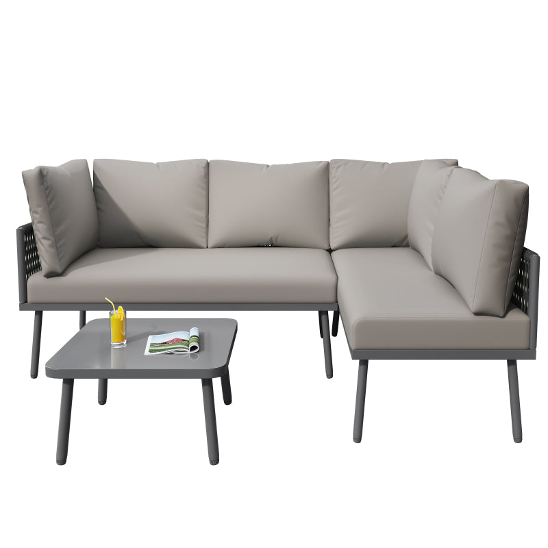 Garten-Lounge-Set aus Eisen, Gartenmöbel-Set aus grauem Seil, L-förmiges Gartenmöbel-Set, Lounge-Set aus grauem Seil mit Sitzkissen, verstellbaren Füßen, 2 Sofas und 1 Tisch