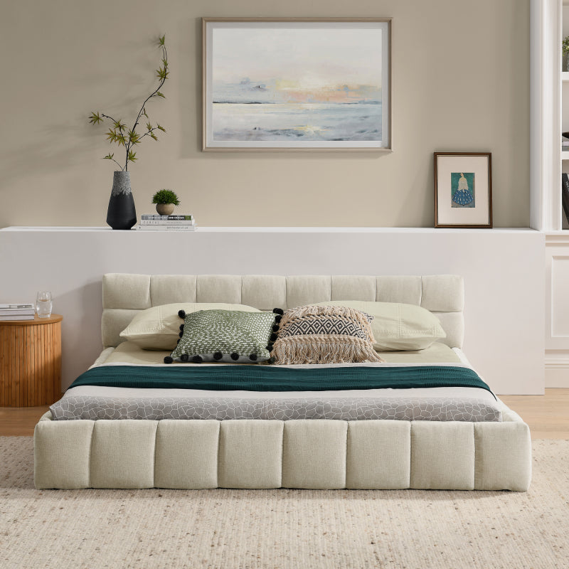 Doppelbett 140x200 cm, Bett mit seidig weichem Chenille - Bezug, quadratischem Steppdesign, Beige (ohne Matratze)