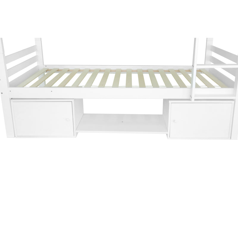 Etagenbett für Kinder, Kinderbett mit Schuhregale und Schließfächer, Bett aufgeteilt in 2 Einzelbetten, Jugendbett, Einzelbett, Weiß, 90x200cm.