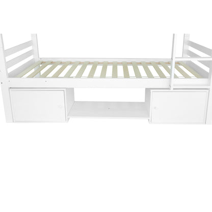 Etagenbett für Kinder, Kinderbett mit Schuhregale und Schließfächer, Bett aufgeteilt in 2 Einzelbetten, Jugendbett, Einzelbett, Weiß, 90x200cm.