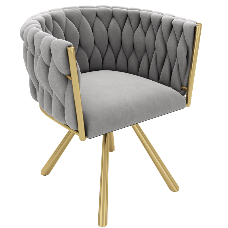 Samt-Esszimmerstuhl, einzelner heller Luxus-Wohnzimmer-Schlafzimmer-Drehstuhl, Freizeit-Drehstuhl mit vier Stützbeinen aus Metall,Grau und Gold