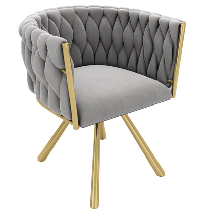 Samt-Esszimmerstuhl, einzelner heller Luxus-Wohnzimmer-Schlafzimmer-Drehstuhl, Freizeit-Drehstuhl mit vier Stützbeinen aus Metall,Grau und Gold