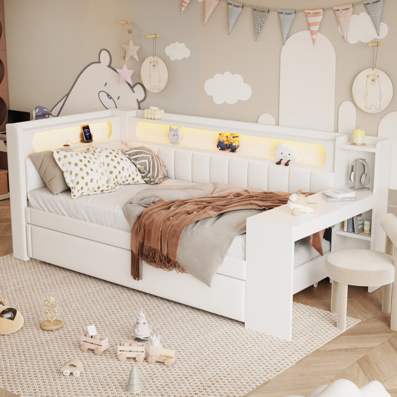 Gepolstertes 90x200 Tagesbett mit USB-Anschlüssen und LED-Gürtel, mit Ausziehbett und Schreibtisch, Weiß