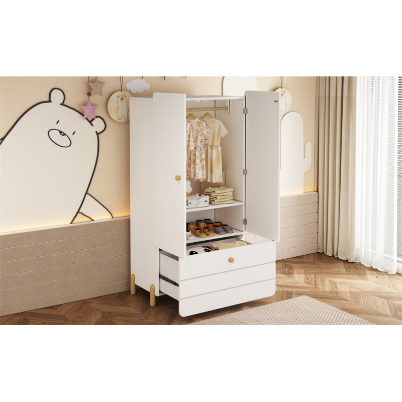 Geräumiger Kleiderschrank mit minimalistischen Linien und zarten holzfarbenen Füßen mit Staufächern, Schubladen und Kleiderbügeln, Farbblock-Design, Weiß