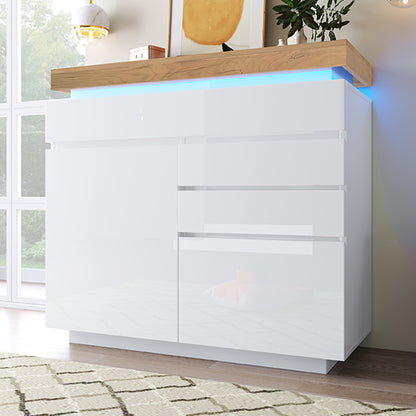 Kommode, Hochglanz Sideboard mit 2 Türen und 3 Schubladen, LED Beleuchtung (App Control), Mehrzweckschrank für Wohnzimmer und Schlafzimmer, 115 x 110 x 39 cm, Weiß