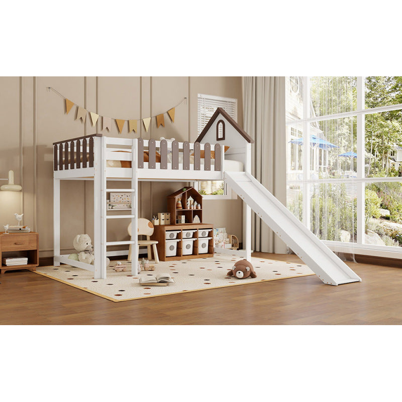 Hochbett, Mit Dach und Fenster, Mit dreistufiger gerader Leiter, Jugendbett, Kinderbett mit Rutsche,  Kiefer+MDF, Weiß+Walnuss, 90x200cm