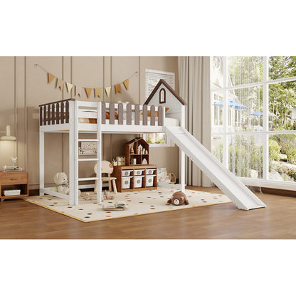 Hochbett, Mit Dach und Fenster, Mit dreistufiger gerader Leiter, Jugendbett, Kinderbett mit Rutsche,  Kiefer+MDF, Weiß+Walnuss, 90x200cm