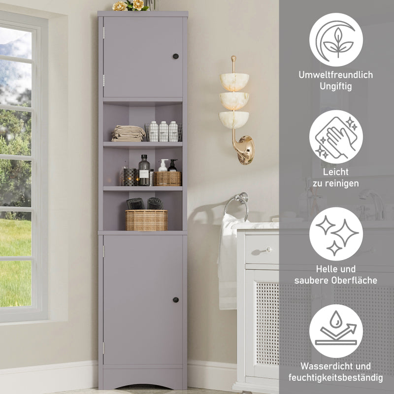 36.5 x 24.5 x 170cmDreieckiger Badezimmerschrank, feuchtigkeitsbeständiger Lack, drei offene Ablagefächer, Doppeltüren, verstellbare Einlegeböden, platzsparend, Grau