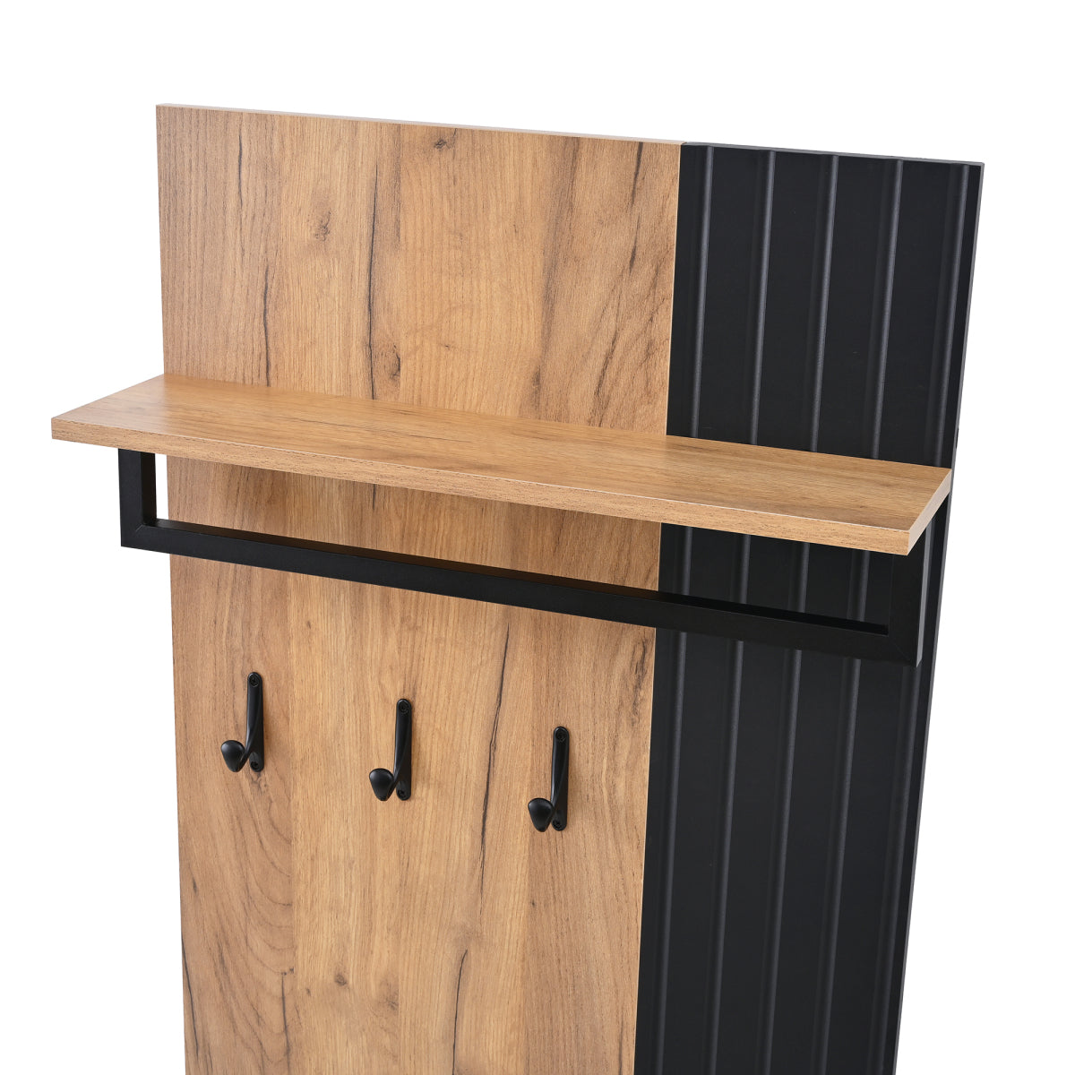 Schuhbank mit Garderobe & 3 Haken, Schuhschrank mit 2 Türen und Sitzbank, Flurmöbel aus Spanplatte, Schwarz/Natur, B70×T36×H146 cm