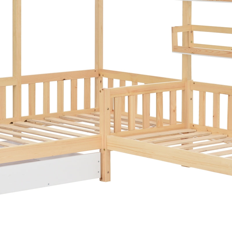 Kinderbett Hausbett mit Schubladen und Regalen, Massivholz mit Zaun und Lattenrost, L-Struktur, Natur (90x200 cm+140x70cm)