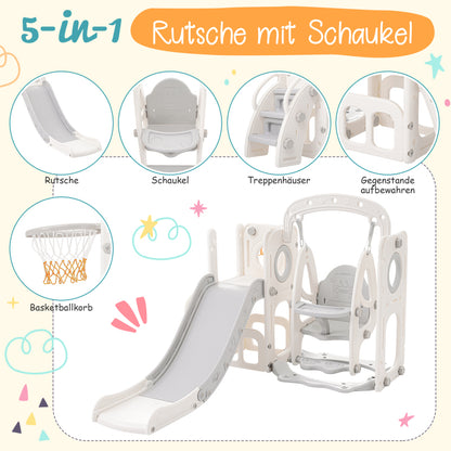 5 in 1 Kinderrutsche, bestehend aus Rutsche, Schaukel, Unterschrank, Basketballkorb und Treppe - HDPE (exkl. Ozeanball)