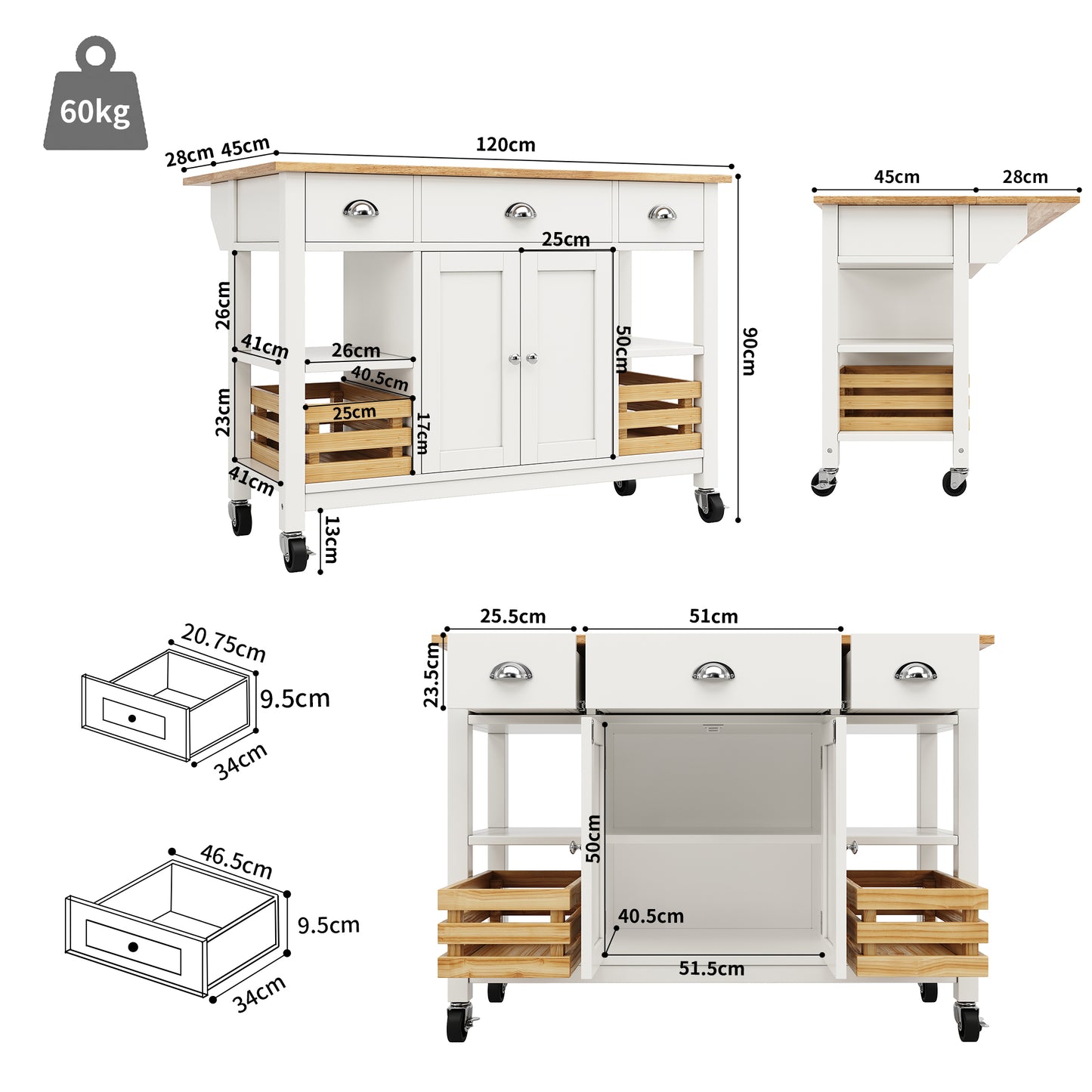 Moderne Kücheninsel Küchenschrank 120x45x90cm Esszimmerwagen mit Kiefernkorb Multifunktions Esstisch Holzmaserung Aufbewahrungskorb Weiß
