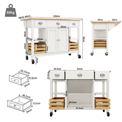 Moderne Kücheninsel Küchenschrank 120x45x90cm Esszimmerwagen mit Kiefernkorb Multifunktions Esstisch Holzmaserung Aufbewahrungskorb Weiß