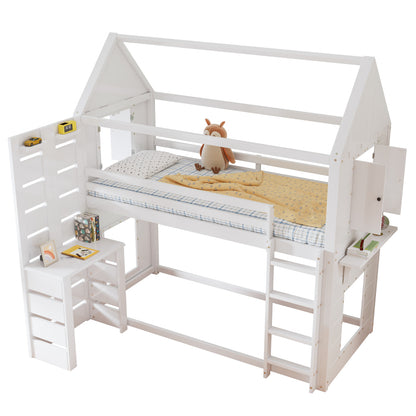 Etagenbett, Hausbett, Kinderbett mit Fallschutz und Gitter, mit Tisch, Offenes Regal, zwei Fenster, Reichlich Stauraum, Kiefer+MDF, Weiß, 90x200cm