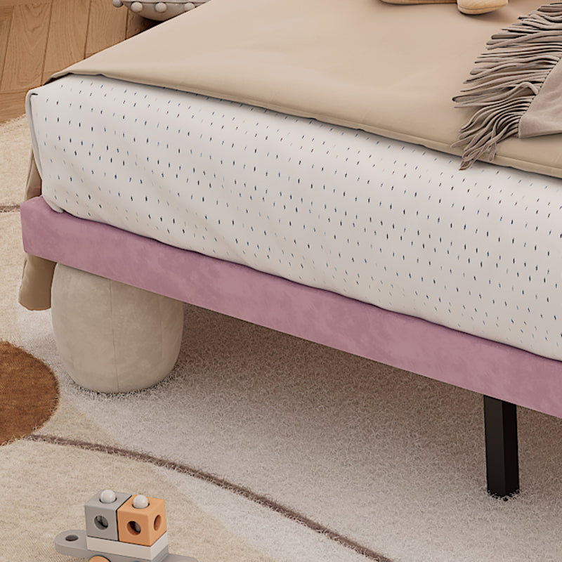 Polsterbett mit mehrfarbigen, wechselnden Lichtstreifen, Kopfteil mit Wellenschliff, mit gepolsterter runden Beine, Kinderbett, Jugendbett mit Holzlatten, Doppelbett, Samt, Beige+Rosa, 140x200cm