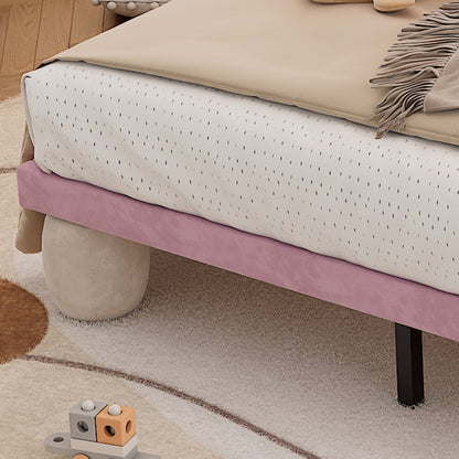 Polsterbett mit mehrfarbigen, wechselnden Lichtstreifen, Kopfteil mit Wellenschliff, mit gepolsterter runden Beine, Kinderbett, Jugendbett mit Holzlatten, Doppelbett, Samt, Beige+Rosa, 140x200cm