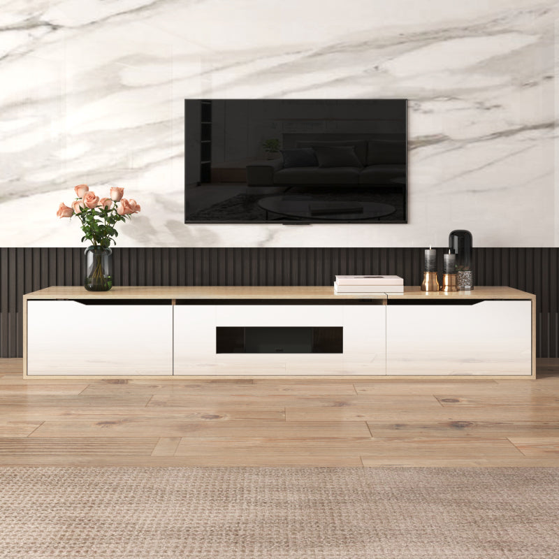 TV-Schrank, Hochglanz-TV-Schrank, farblich passend zu Hochglanz-Weiß und Holzfarbe, mit farbwechselndem LED-Licht.