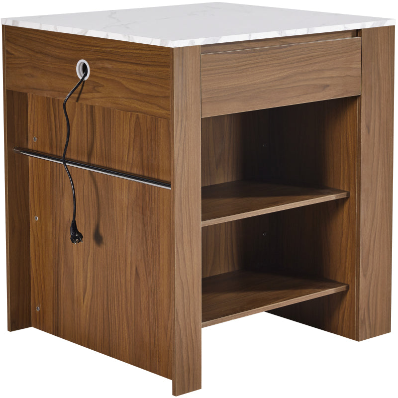Ausziehbarer Bartisch mit Stauraum(110-124×78×97.5cm), für 2-6 Personen, Kücheninseln mit 2 Schubladen, 2 seitliche offene Regale und eingebaute Steckdose,Tischplatte aus weiß marmoriertem MDF,Braun