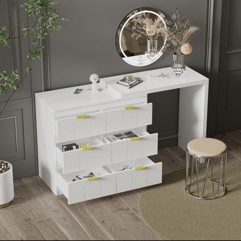 Schminktisch mit Beistelltisch,Bürotisch mit 6 Schubladen,Vergoldeten Griffen,drehbare Tischplatte(180°),lackiert,Blumenmuster,stoßfeste abgerundete Ecken,40T*73H,Weiß (ohne Spiegel und Hocker)