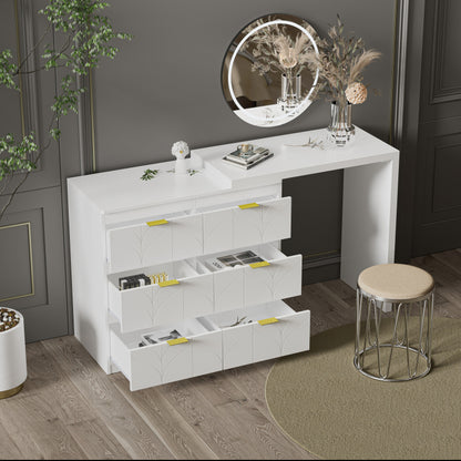 Schminktisch mit Beistelltisch,Bürotisch mit 6 Schubladen,Vergoldeten Griffen,drehbare Tischplatte(180°),lackiert,Blumenmuster,stoßfeste abgerundete Ecken,40T*73H,Weiß (ohne Spiegel und Hocker)