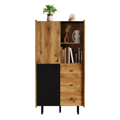 90 cm Schwarze und Holzfarbene Couchtisch – Moderner Stil, Zwei Offene Fächer und Zwei Türen, Dämpfende Scharniere
